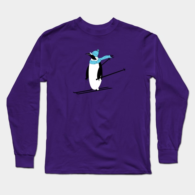 AnimalCreations Totally Rad Penguin Cartoon Skier Long Sleeve T-Shirt by ACGraphics